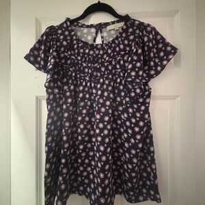 LOFT Navy Floral Ruffle Yoke Blouse